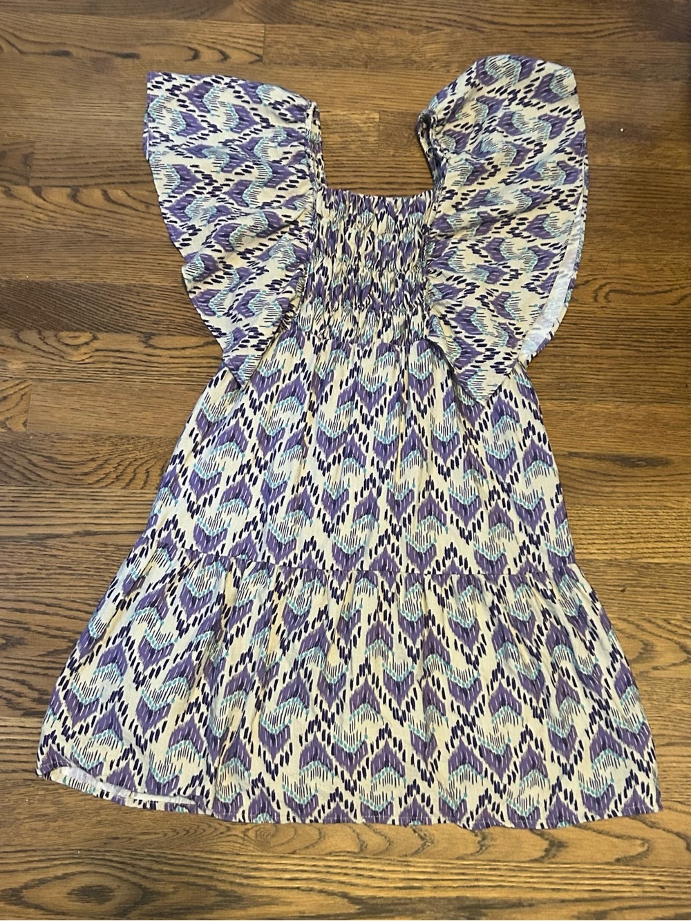 Summer Purple, Cream and Light Blue Smocked Flutter-Sleeve Cottagecore Dress